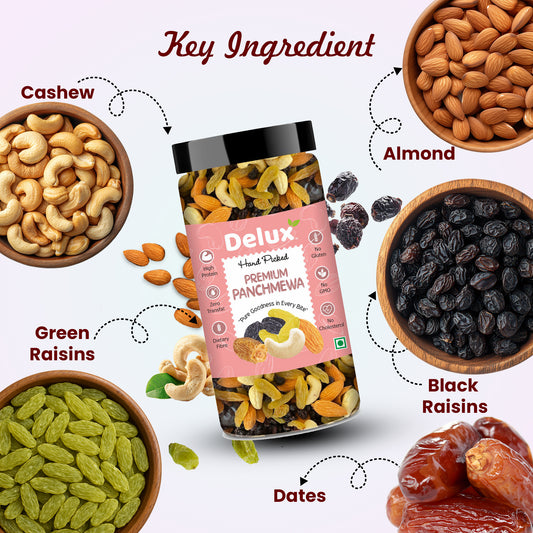 Delux Foods Panchmeva Dry Fruits Mix, 500g & 250g | Healthy Snacks Mixed Nuts Almonds, Cashews, Dates, Raisins