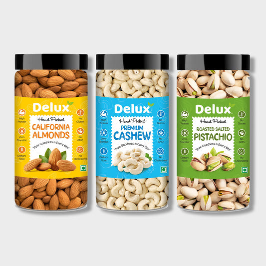 Delux Foods Dry fruits combo pack of Pistachios Almonds Cashews | Kaju Badam Pista 450 gm (3 x 150 gm)