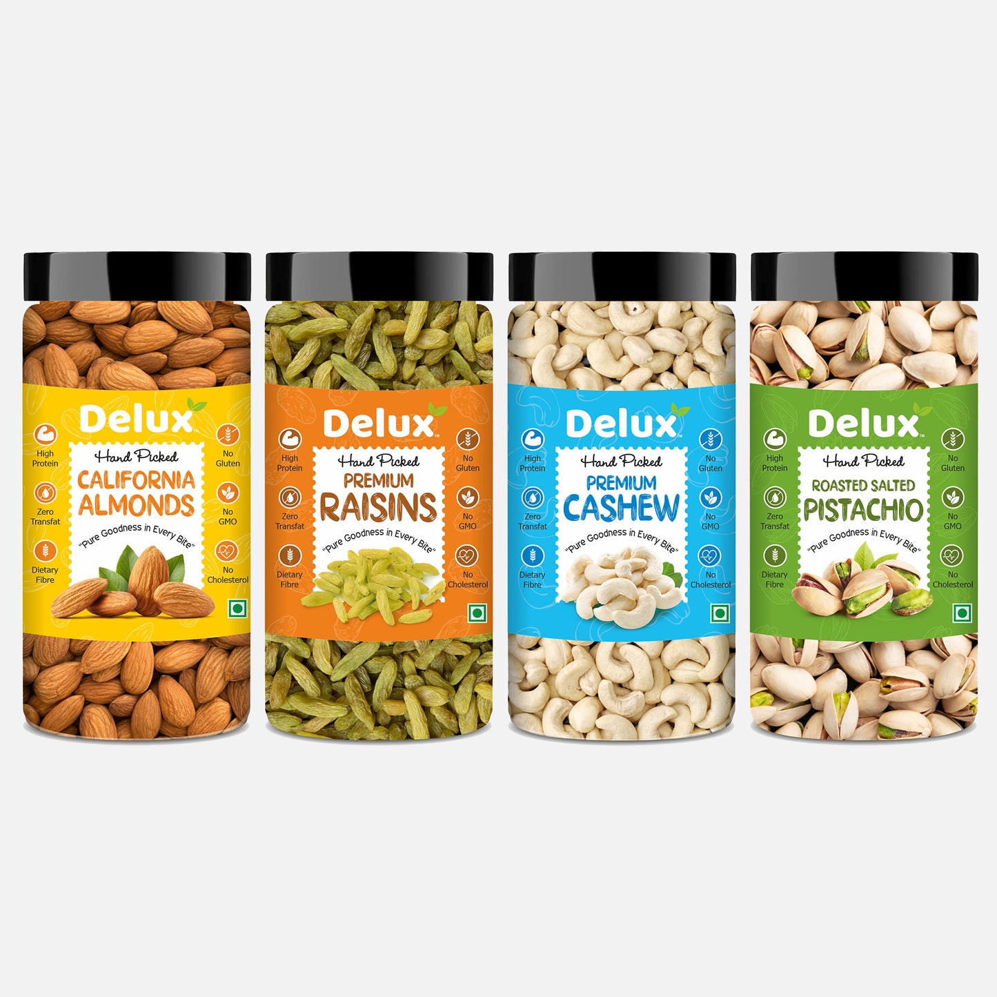 Delux Foods Dry fruits combo pack of Pistachios Almonds Cashews Green Raisins| Kaju Badam Pista Kishmish 600 gm (4 x 150 gm)