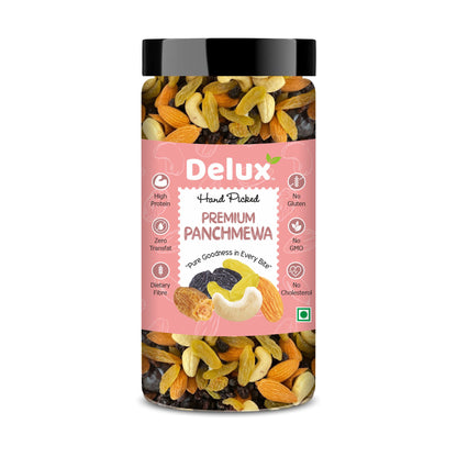 Delux Foods Panchmeva Dry Fruits Mix, 500g & 250g | Healthy Snacks Mixed Nuts Almonds, Cashews, Dates, Raisins