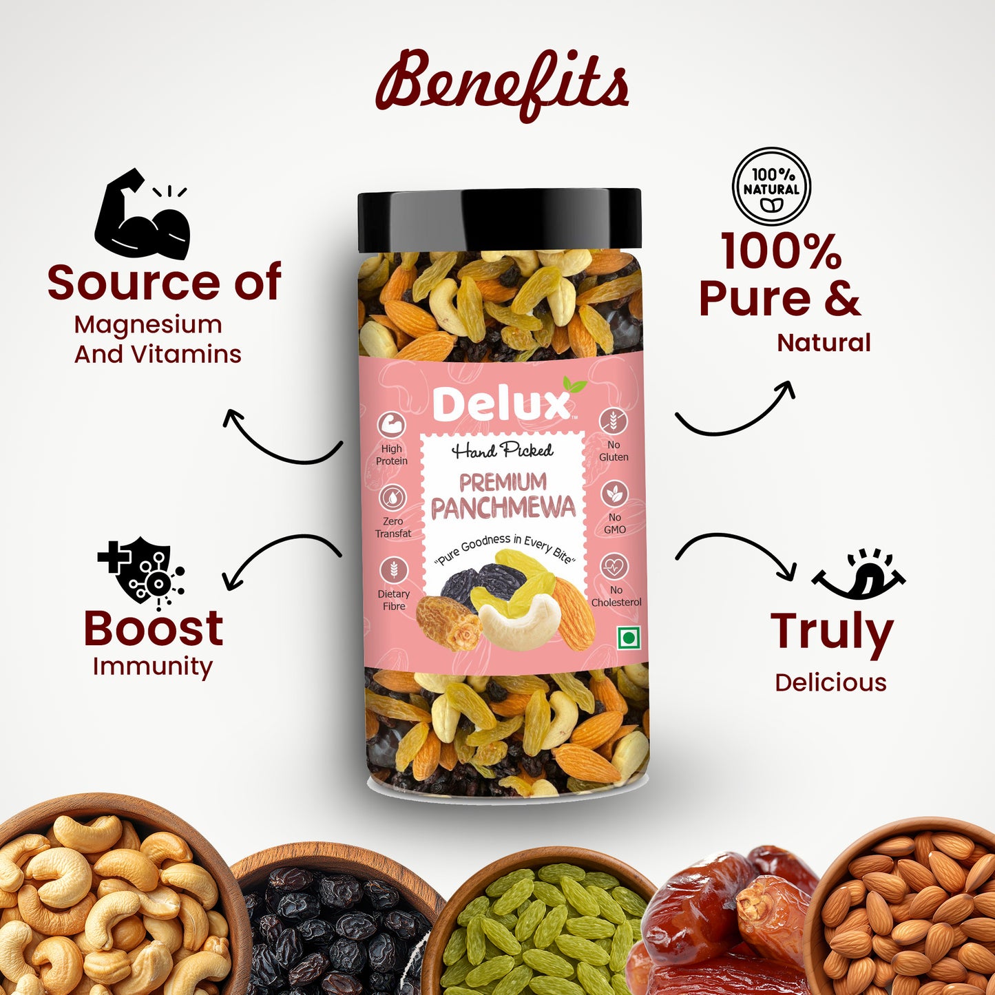 Delux Foods Panchmeva Dry Fruits Mix, 500g & 250g | Healthy Snacks Mixed Nuts Almonds, Cashews, Dates, Raisins