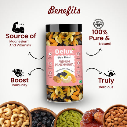 Delux Foods Panchmeva Dry Fruits Mix, 500g & 250g | Healthy Snacks Mixed Nuts Almonds, Cashews, Dates, Raisins