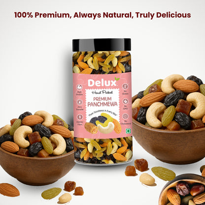 Delux Foods Panchmeva Dry Fruits Mix, 500g & 250g | Healthy Snacks Mixed Nuts Almonds, Cashews, Dates, Raisins