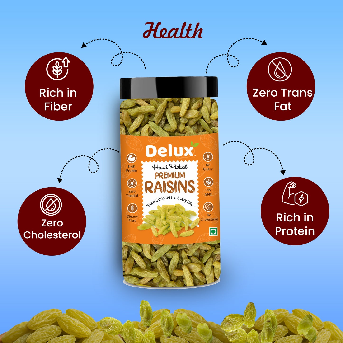 Premium Raisins | Seedless | 100% Pure | Source of Potassium | Long in Size | Upto 20 Quality Parameters Tested | 250g / 500g