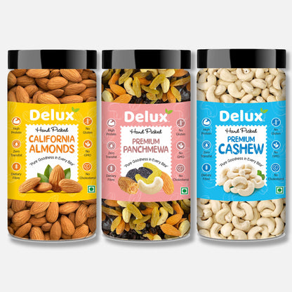 Delux Foods Dry fruits combo pack of Panchmeva Almonds Cashews | Kaju Badam Panchmeva 450 gm (3 x 150 gm)