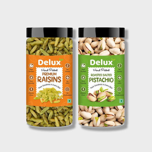 Delux Foods Green Raisin 150gm & Pistachios 150gm Combo | Kishmish Pista Combo Pistachios, Raisins  (2 x 300 g)