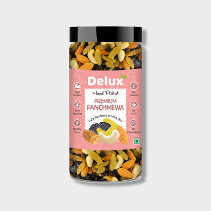 Delux Foods Panchmeva Dry Fruits Mix, 500g & 250g | Healthy Snacks Mixed Nuts Almonds, Cashews, Dates, Raisins