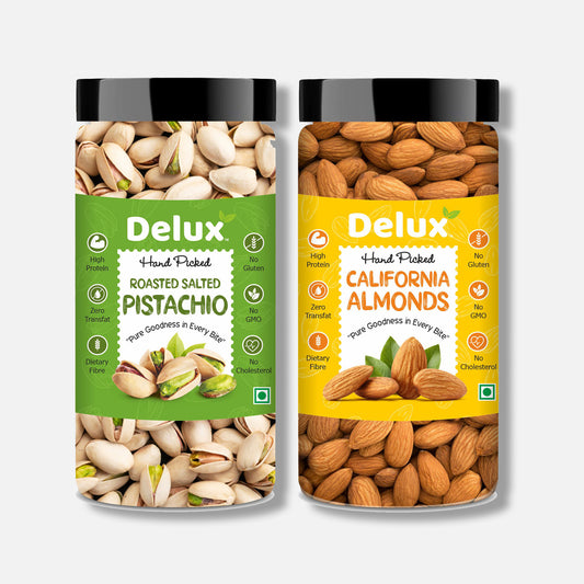 Delux Foods Dry Fruits Combo Pack 300 g I Almond 150g | Pistachio 150g | Mixed Dry Fruits | Healthy Snacks (2 x 150 gm)